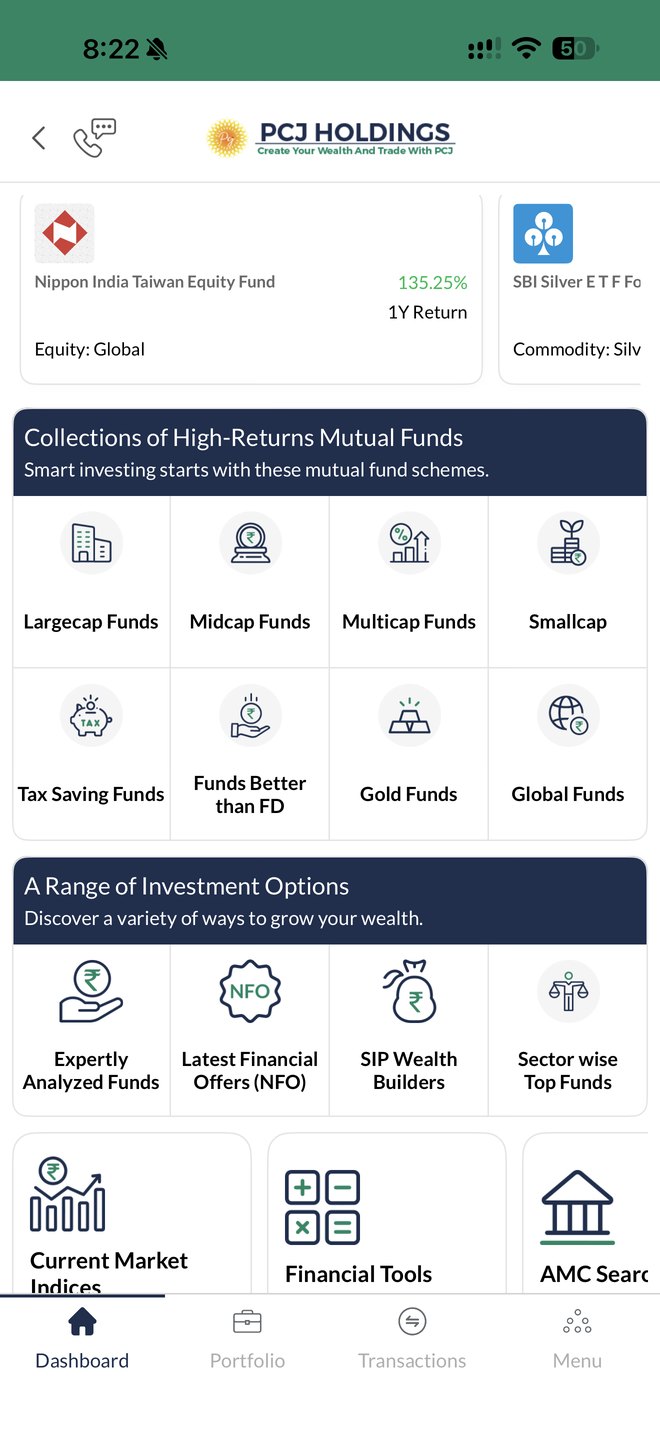 PCJ Wealth app: curated mutual fund collections across 40+ AMCs