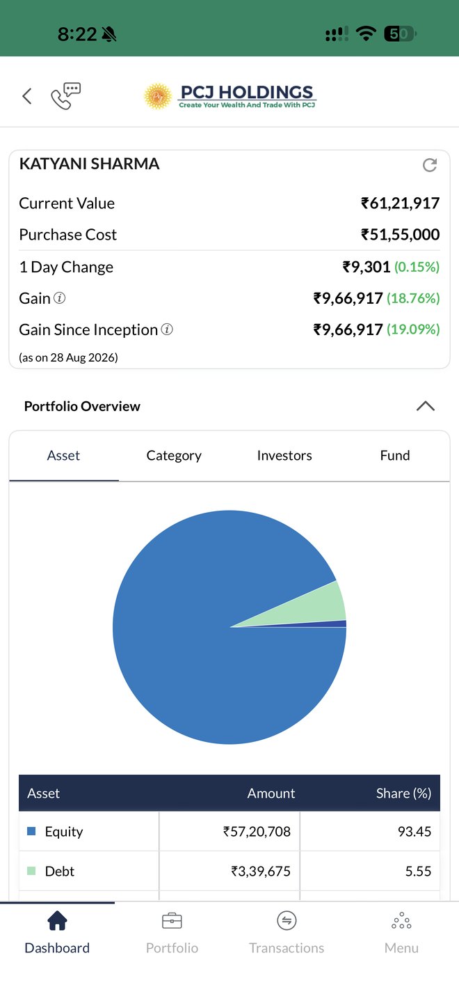 PCJ Wealth mobile app dashboard: portfolio value and asset allocation (sample account)