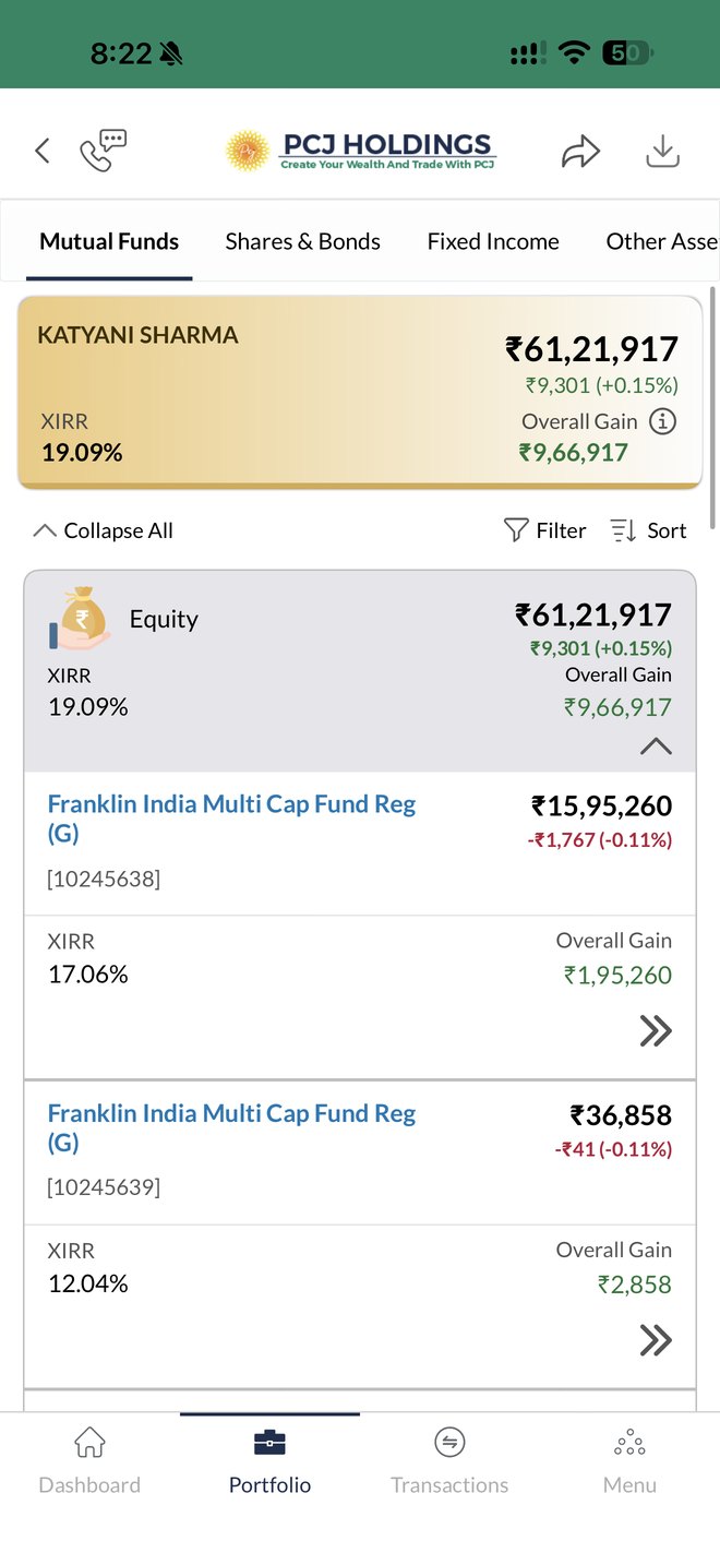 PCJ Wealth mobile app portfolio: holdings with XIRR and overall gain (sample account)