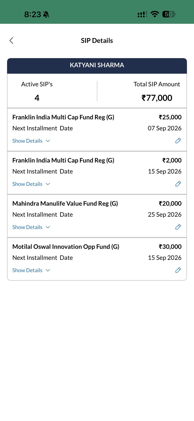 SIP details screen in the PCJ Wealth app (sample account)
