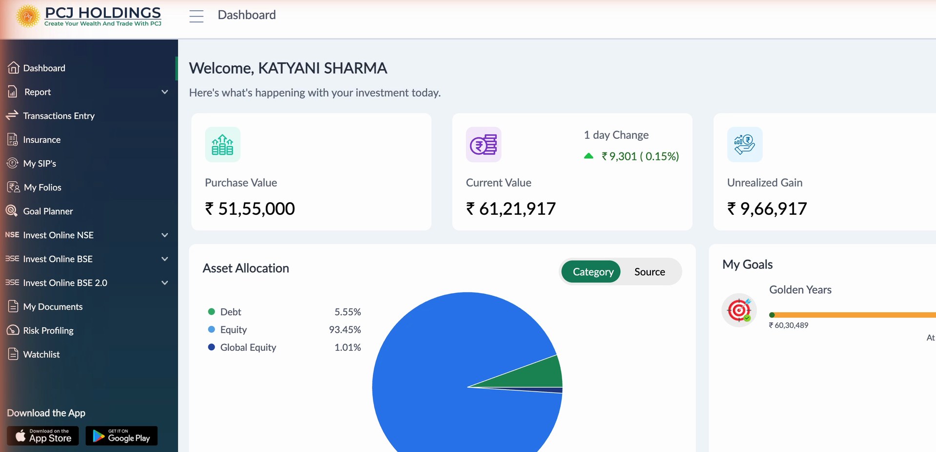 Portal dashboard: portfolio value, day change, unrealised gain and asset allocation