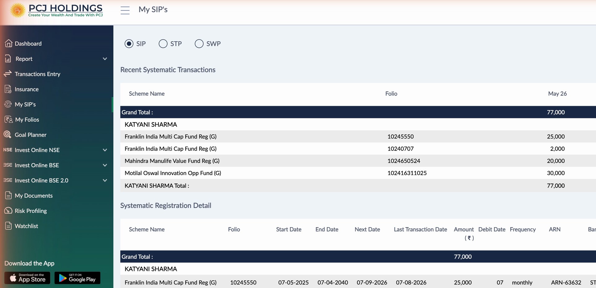 My SIPs: every systematic investment with folio, scheme and monthly amount
