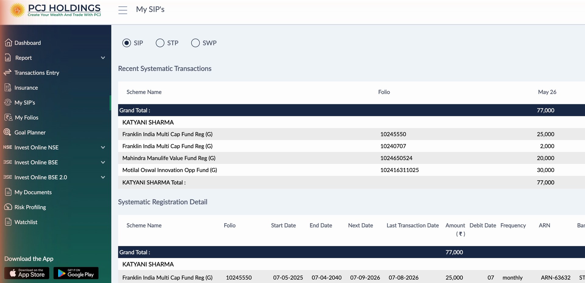 My SIPs: every systematic investment with folio, scheme and monthly amount
